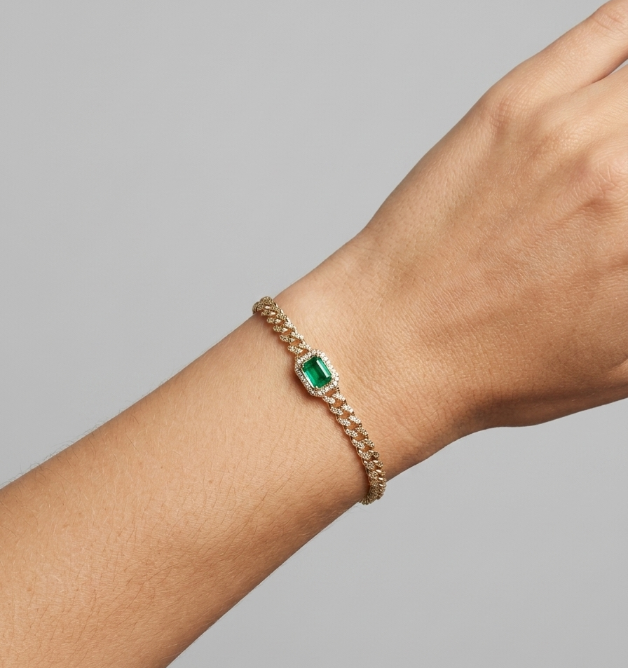Diamond, Emerald & Gold Cuban Bracelet