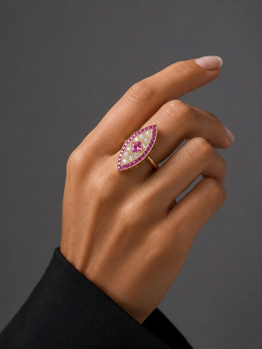 Diamond, Pink Sapphire & Gold Evil Eye Ring