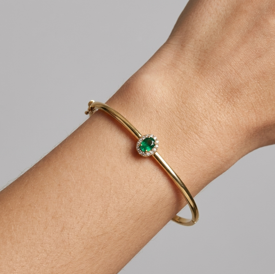 Gold & Diamond Oval Emerald Cuff Bracelet