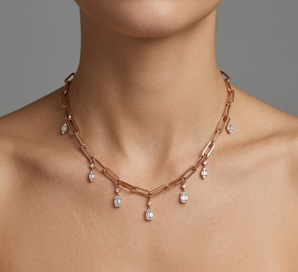 Diamond & Rose Gold Cuban Station Necklace
