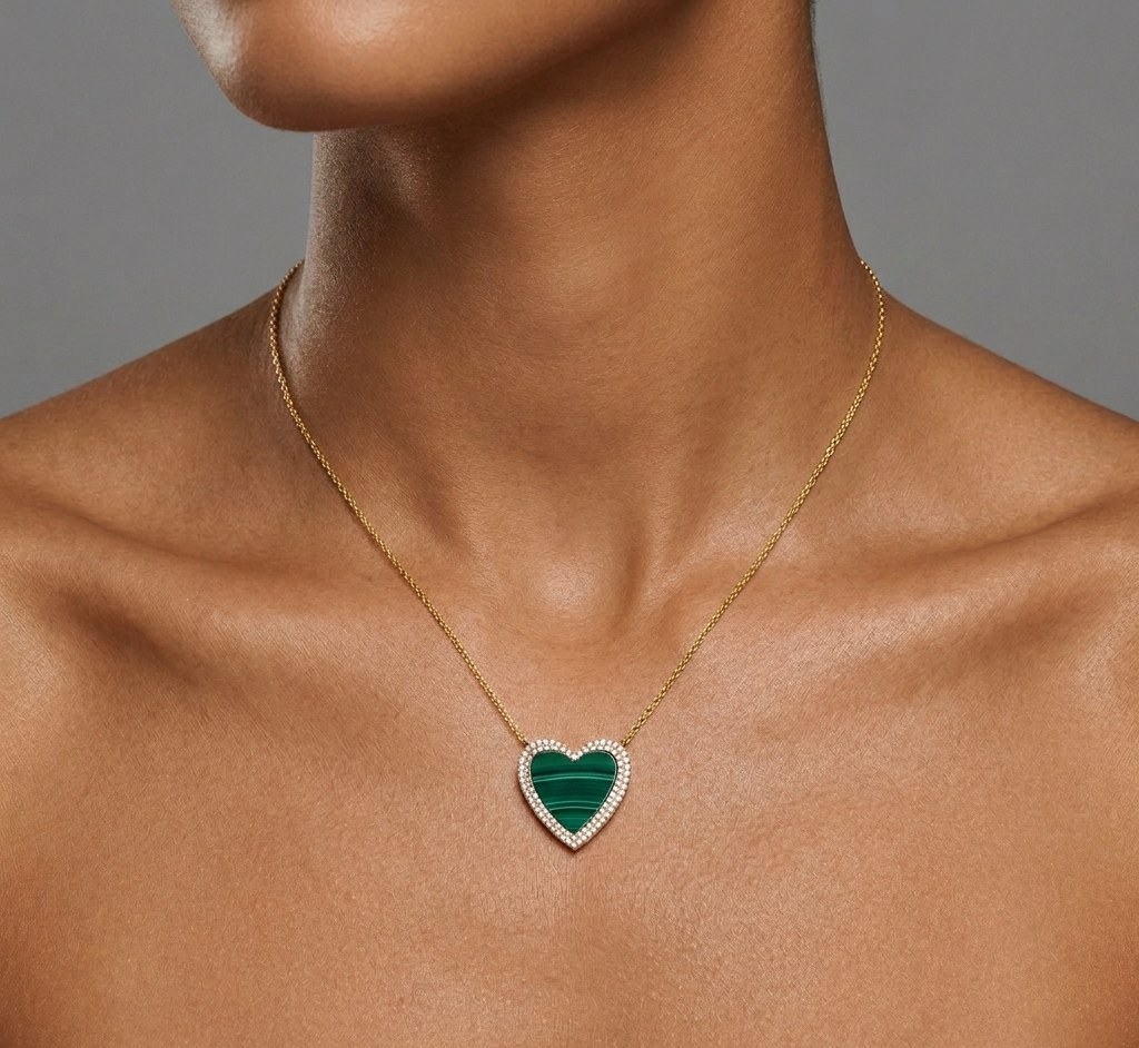 Diamond & Malachite Gold Heart Necklace