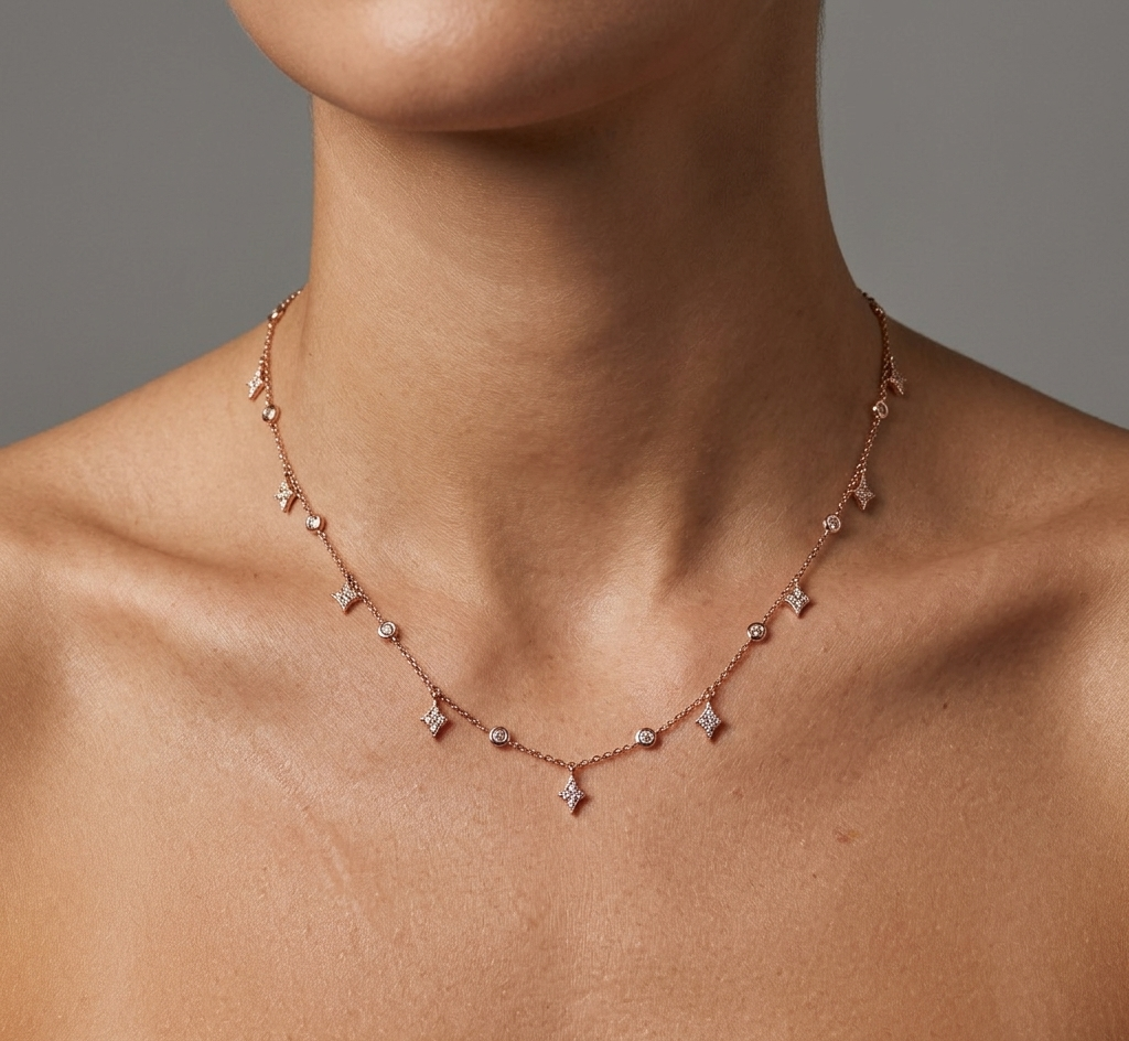 Diamond & Rose Gold Star Station Necklace