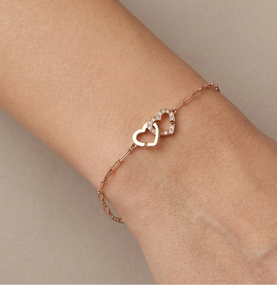 Diamond & Rose Gold Double Heart Link Bracelet