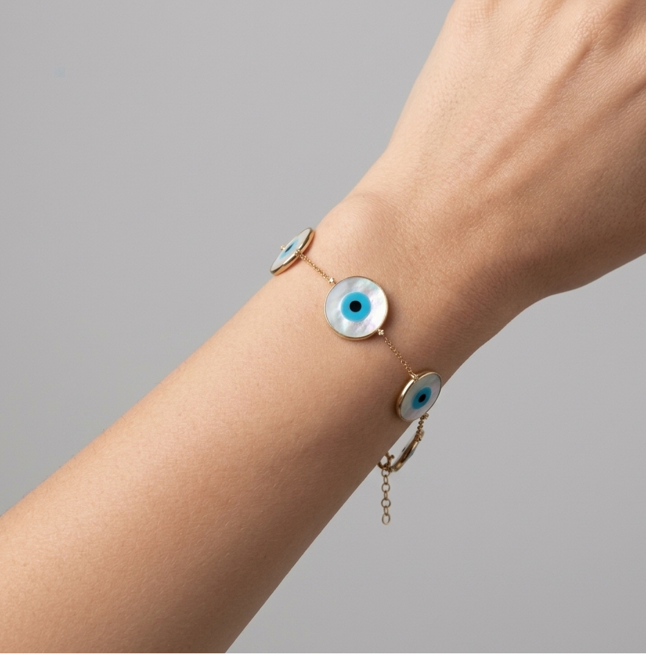 Diamond, Mother of Pearl & Gold Evil Eye Bracelet