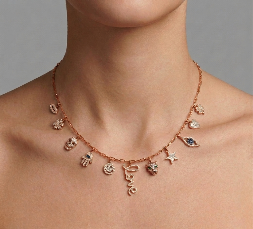 Diamond & Rose Gold Multi-Charm Necklace