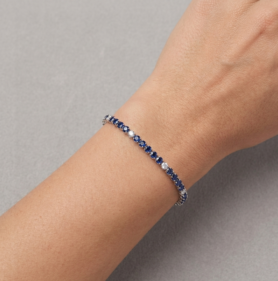 Diamond, Blue Sapphire & White Gold Tennis Bracelet