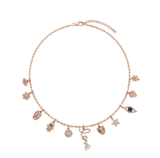 Diamond & Rose Gold Multi-Charm Necklace