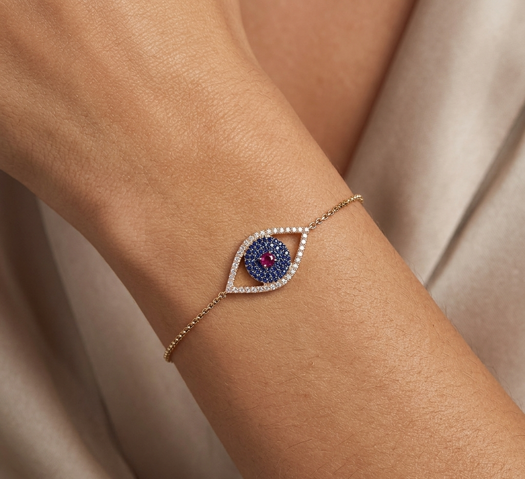 Diamond & Gold with Ruby and Blue Sapphire Evil Eye Bracelet