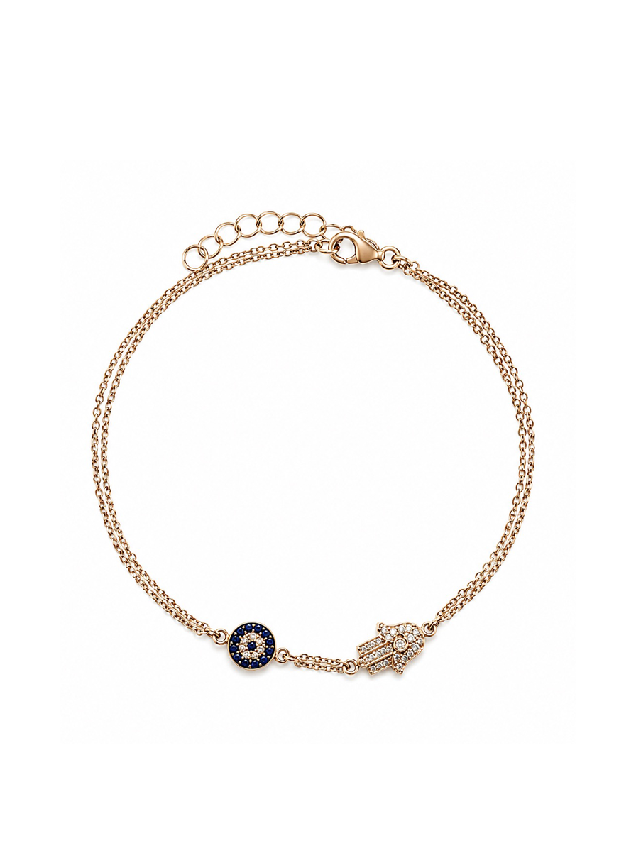 Diamond, Blue Sapphire & Rose Gold Evil Eye and Hamsa Bracelet