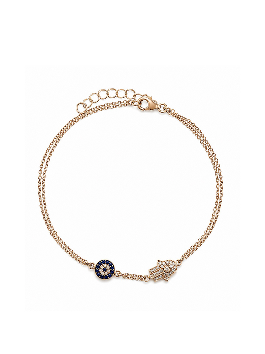 Diamond, Blue Sapphire & Rose Gold Evil Eye and Hamsa Bracelet