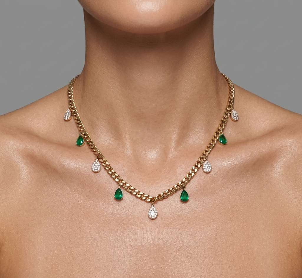 Diamond & Emerald Gold Station Chain Necklace