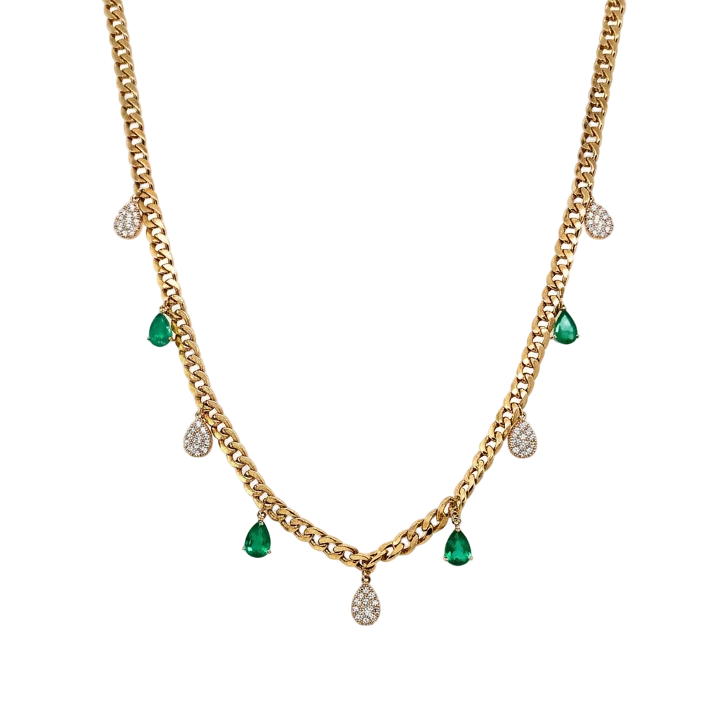 Diamond & Emerald Gold Station Chain Necklace