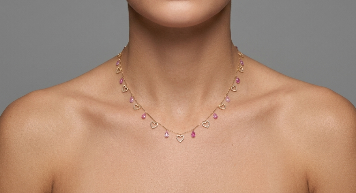 Pink Tourmaline, Diamond & Gold Heart Necklace