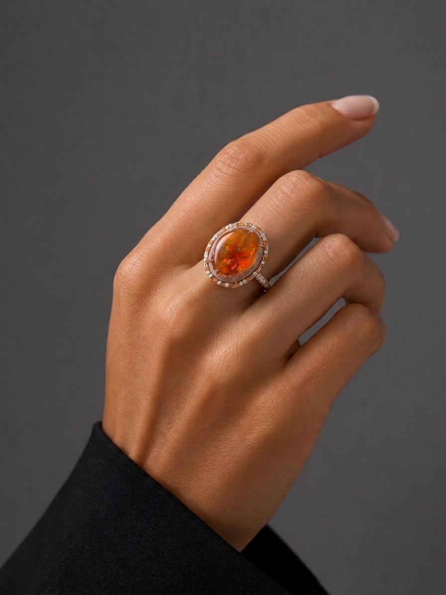 Diamond, Rose Gold & Cabochon Fire Opal Ring