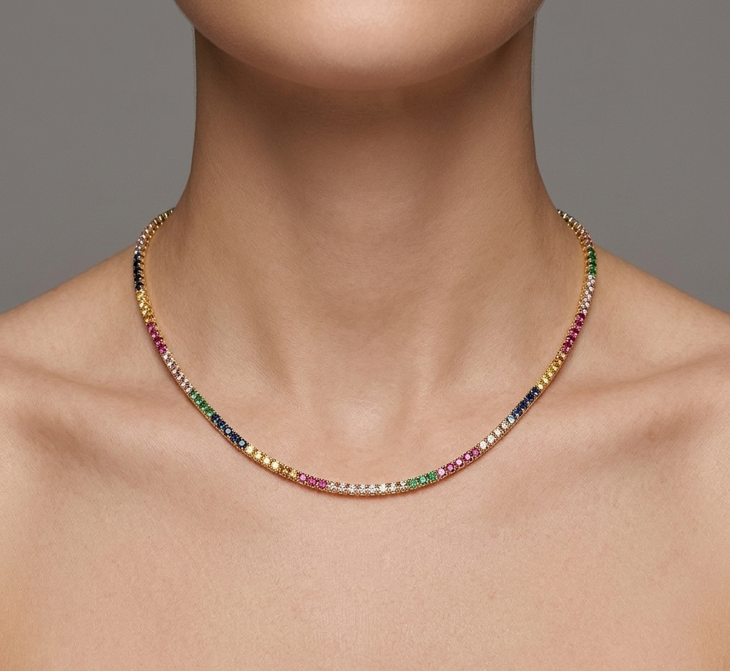 Multi-Color Sapphire & Gold Tennis Necklace