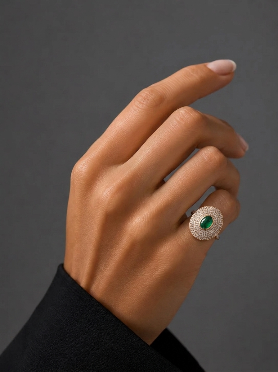 Diamond, Emerald & Gold Oval Pinky Ring