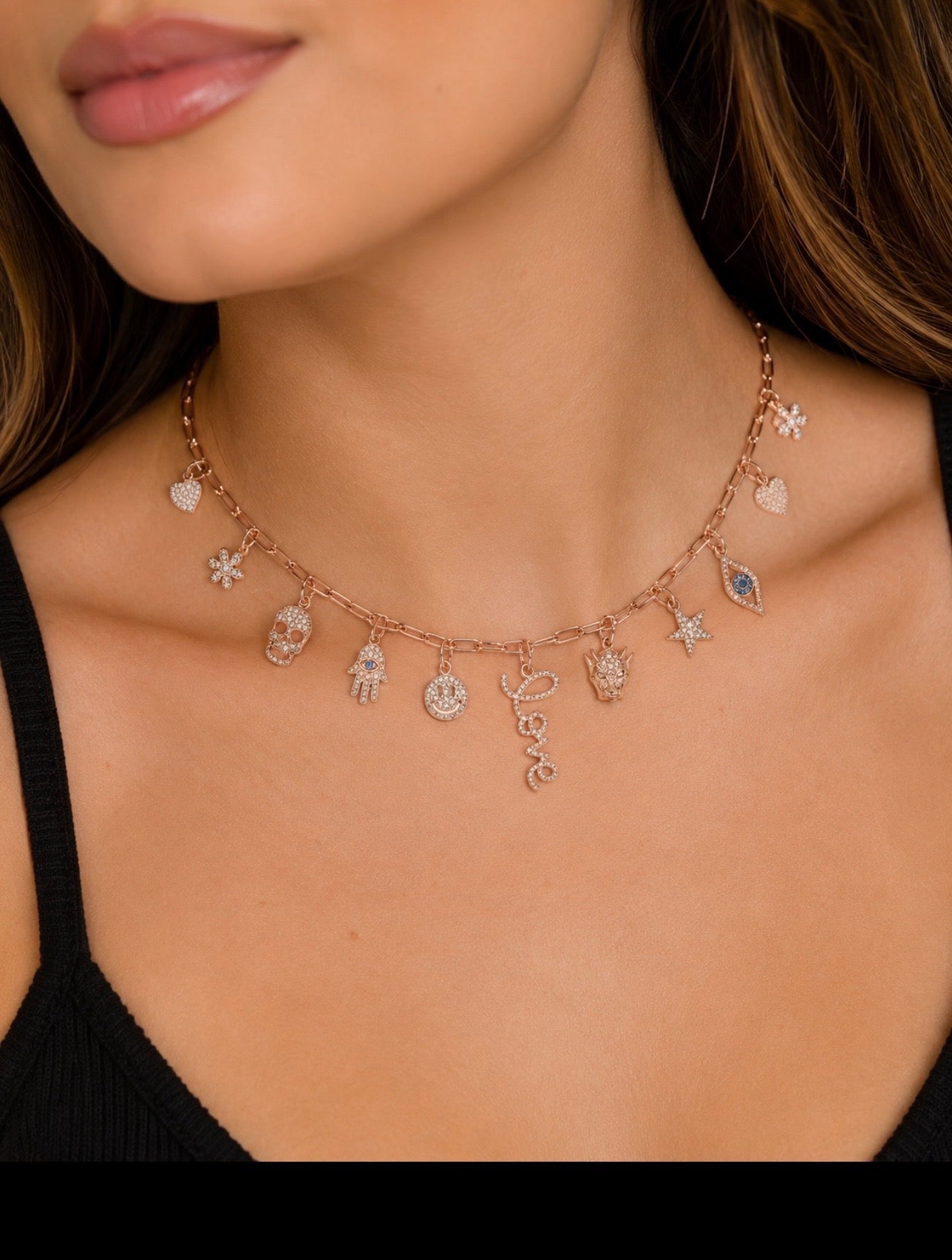 Diamond & Rose Gold Multi-Charm Necklace