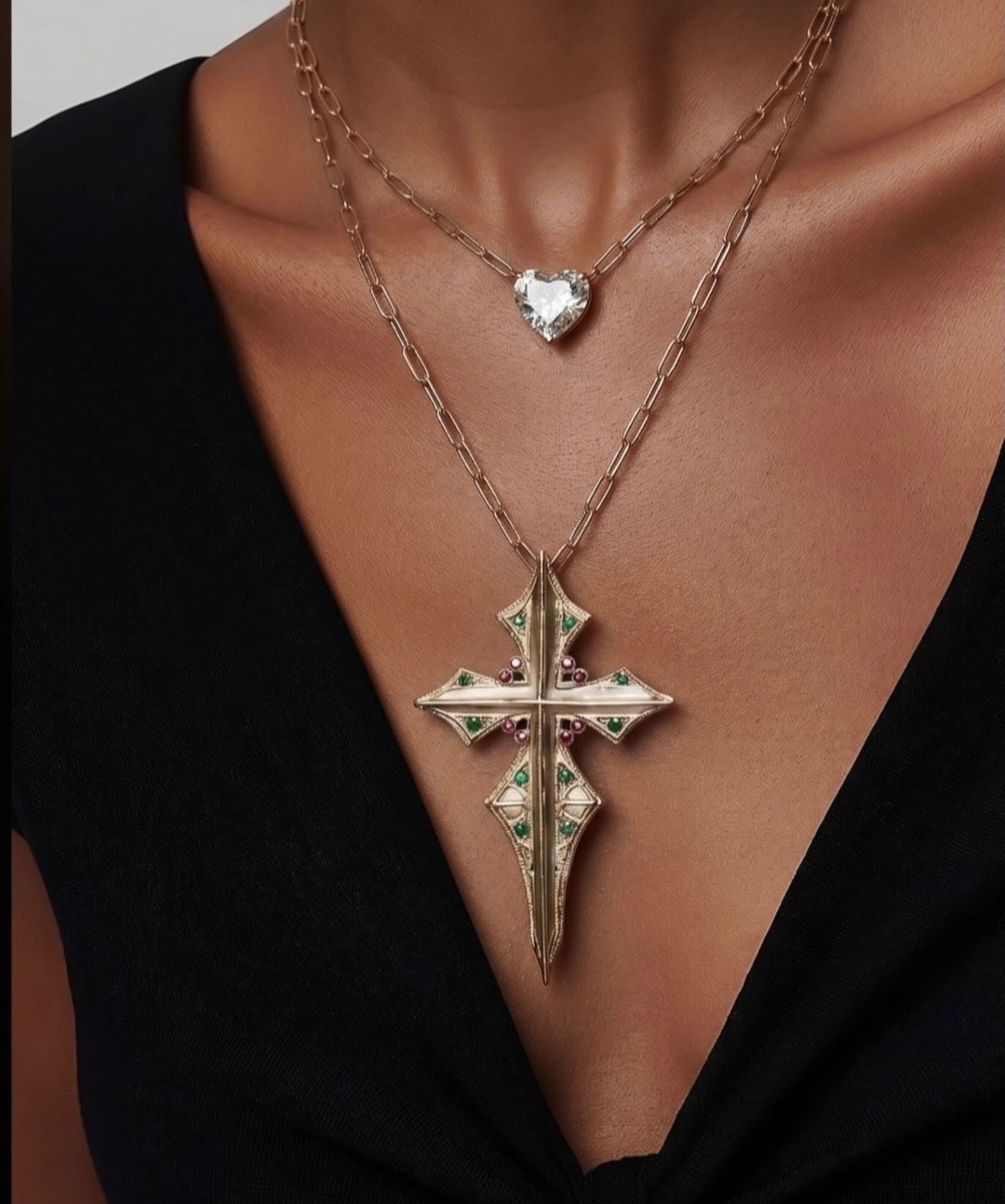 Gold With Ruby & Emerald Cross Necklace