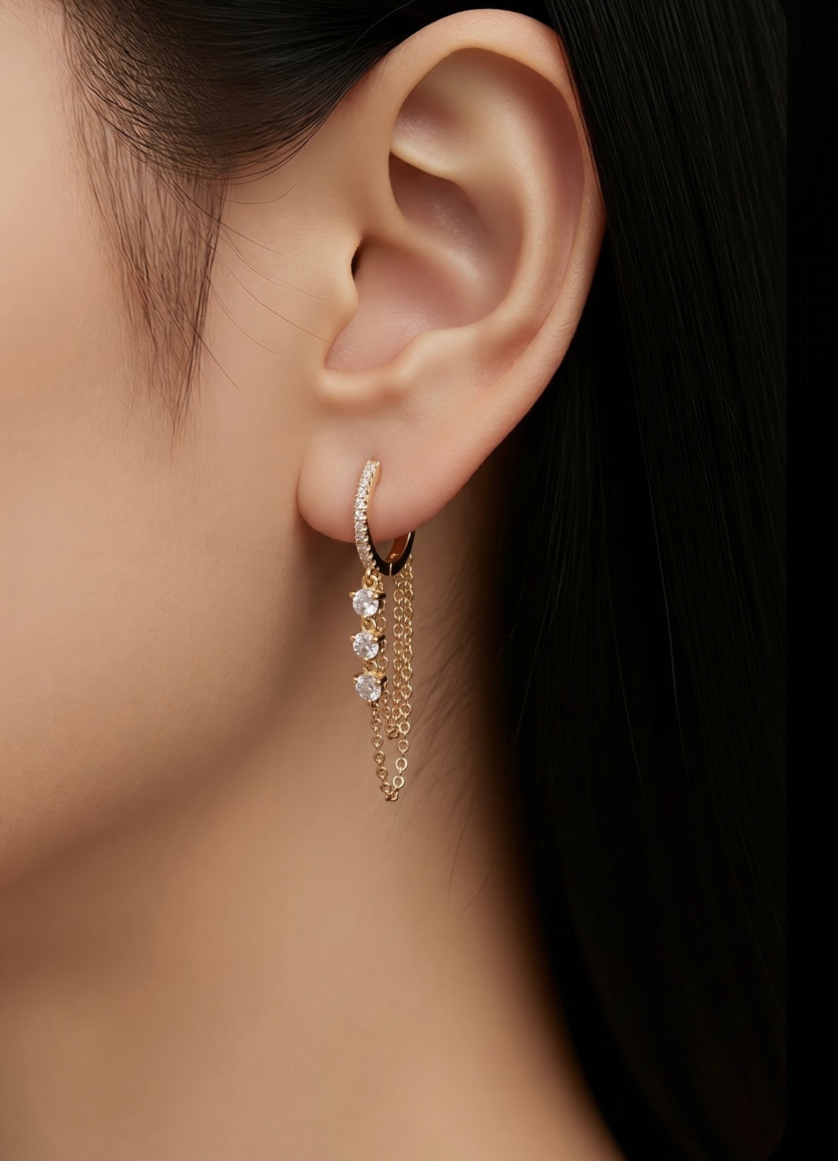 Diamond & Gold Huggie Double Chain Earrings