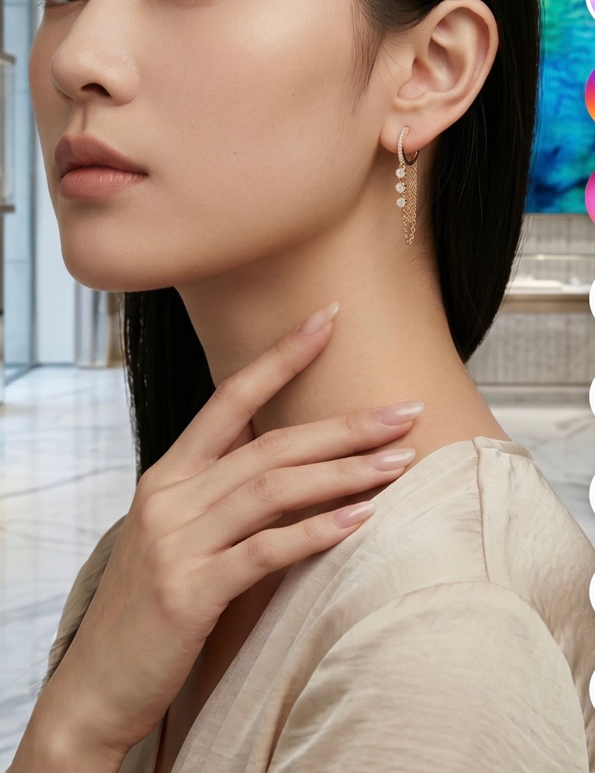 Diamond & Gold Huggie Double Chain Earrings