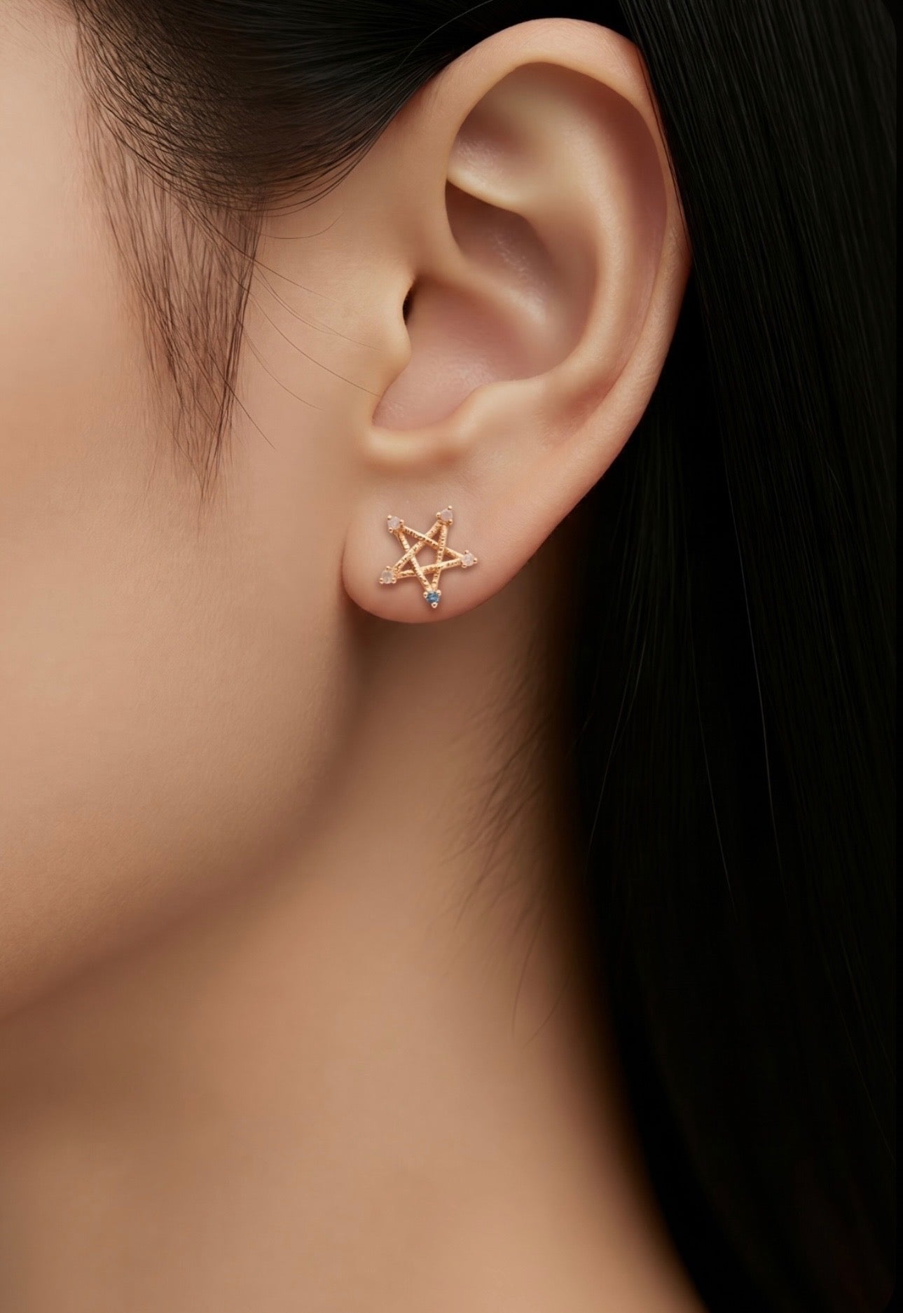 Diamond & Emerald Rose Gold Star Stud Earrings