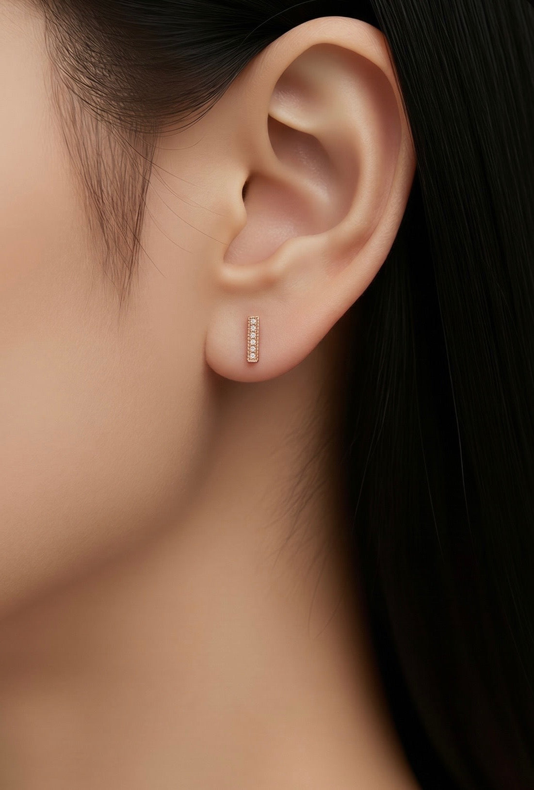 Diamond & Rose Gold Mini Pave Bar Stud Earrings