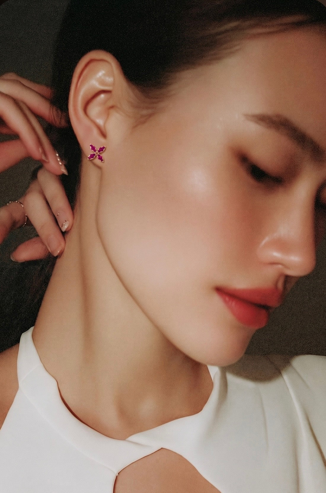 Ruby & Rose Gold Flower Stud Earrings