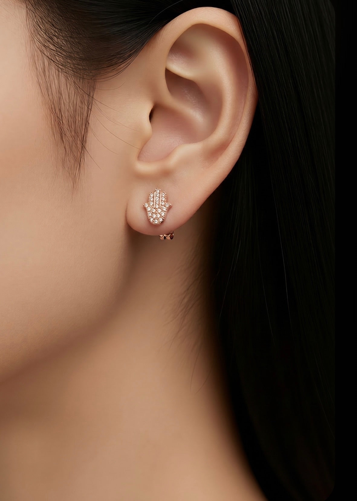 Diamond & Rose Gold Hamsa Stud Earrings
