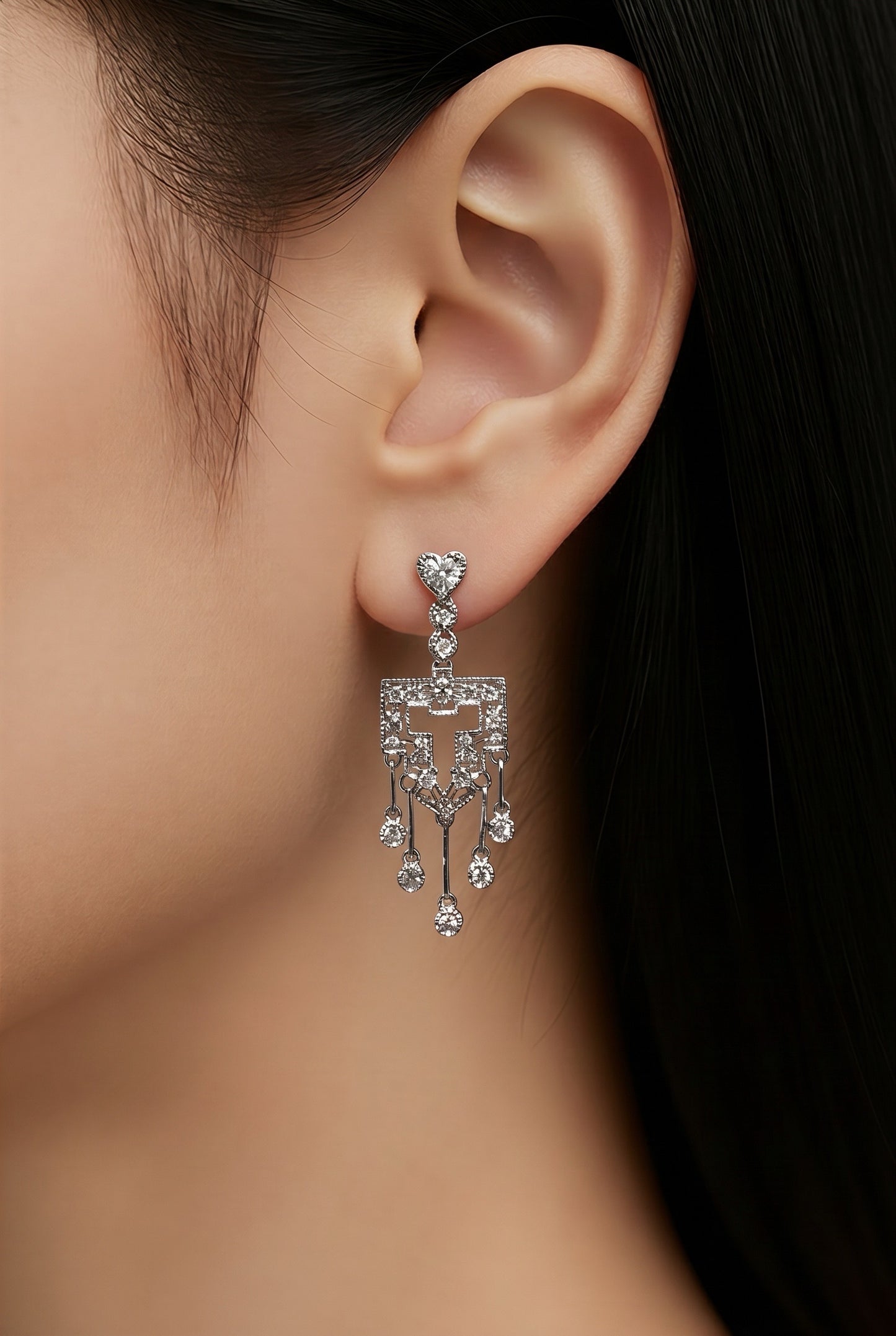 Diamond & White Gold Small Heart Chandelier Earrings