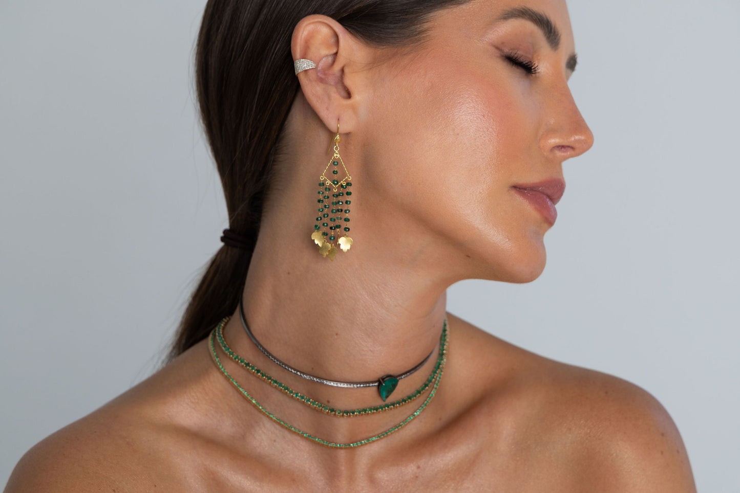 Emerald Chandelier Drop & Gold Leaf Earrings
