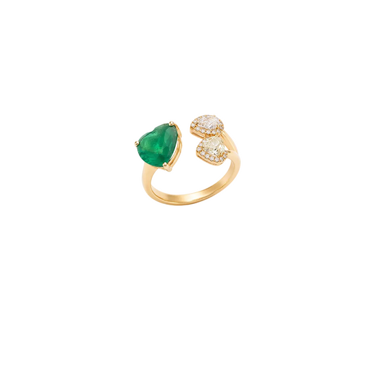 Emerald Heart & Double Diamond Teardrop & Gold Ring