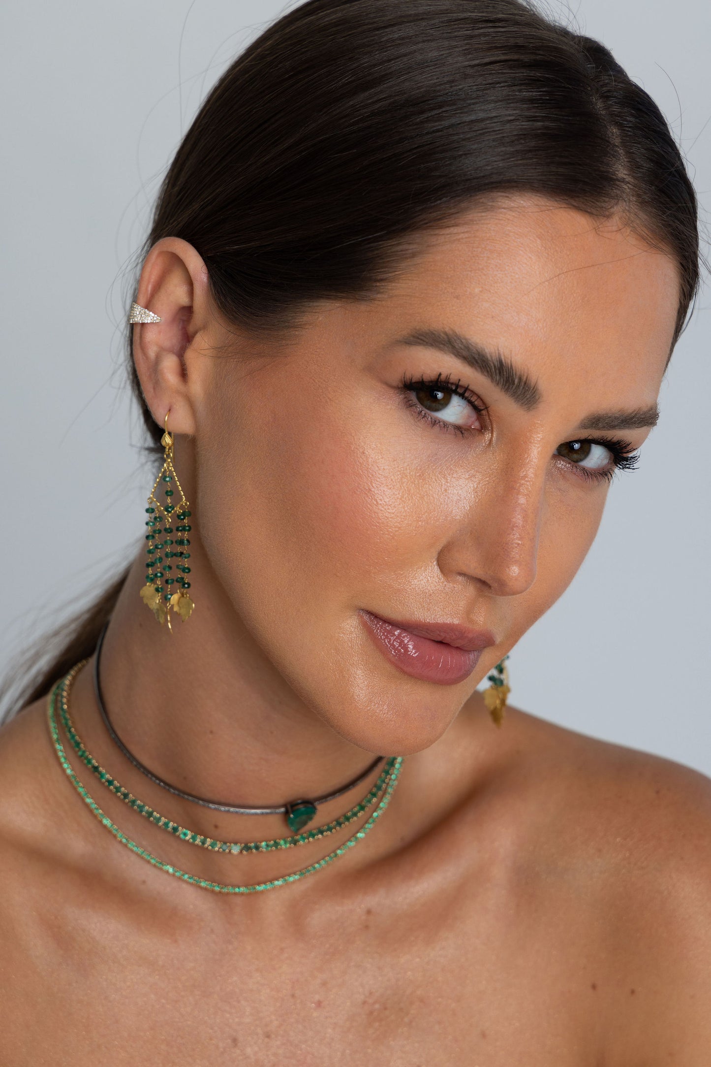 Emerald Chandelier Drop & Gold Leaf Earrings