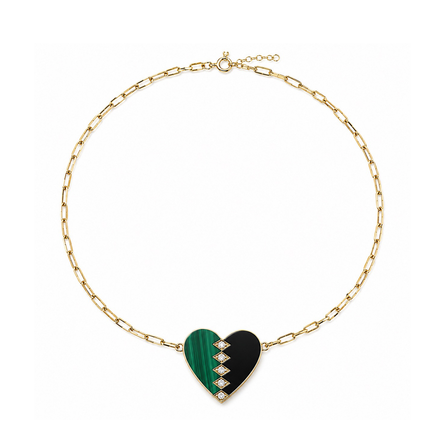 Diamond, Malachite & Black Onyx Gold Heart Necklace