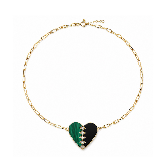 Diamond, Malachite & Black Onyx Gold Heart Necklace