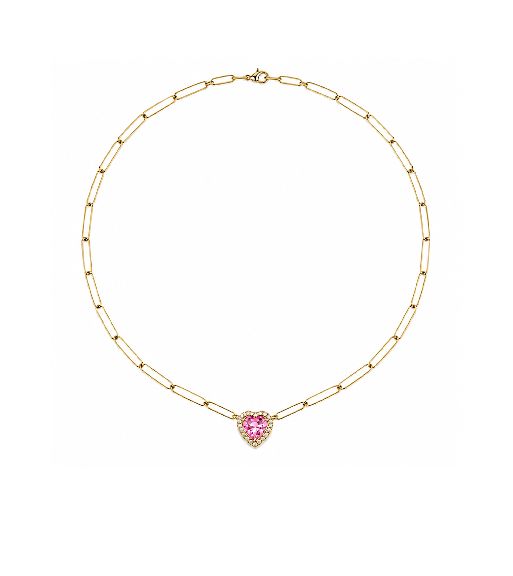 Pink Sapphire, Diamond & Gold Heart Chain Necklace