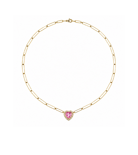 Pink Sapphire, Diamond & Gold Heart Chain Necklace