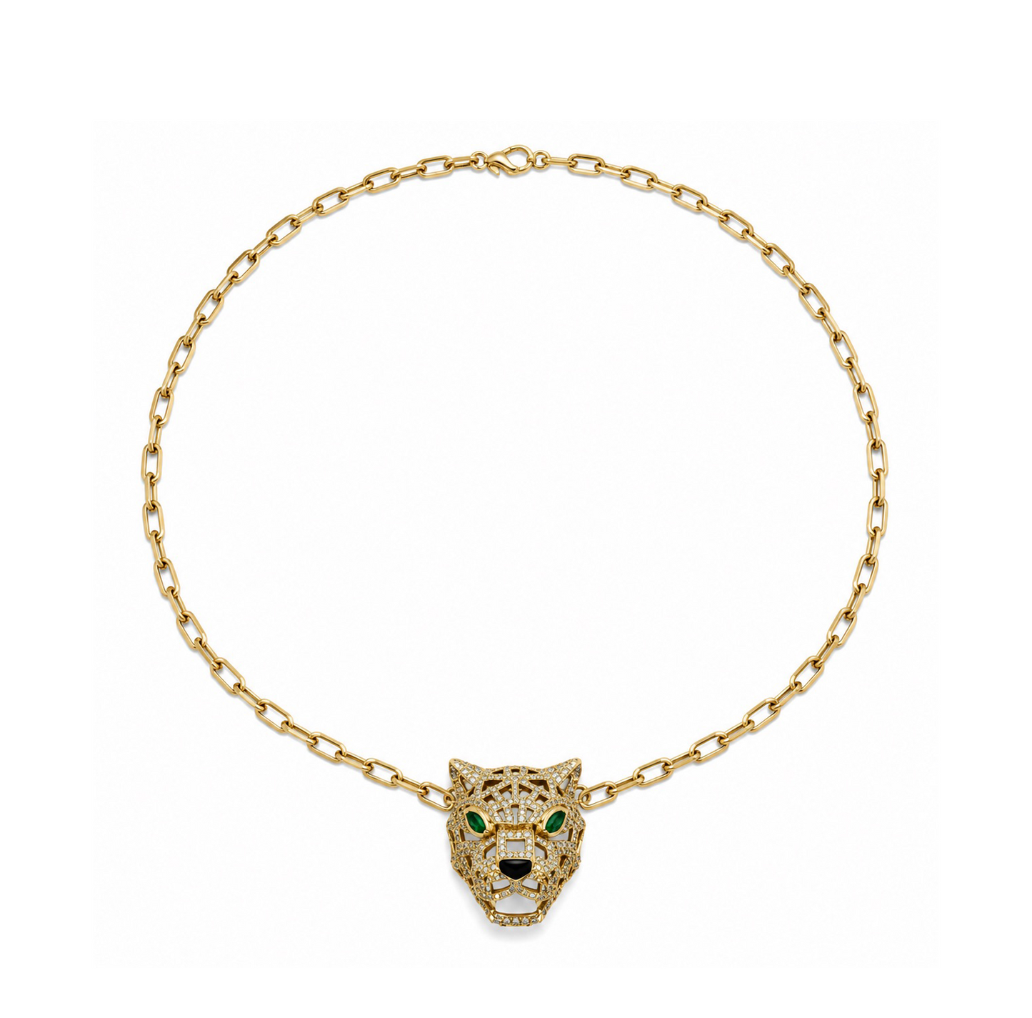 Diamond, Emerald, Black Onyx & Gold Leopard Head Necklace