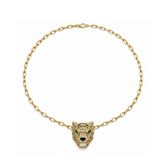 Diamond, Emerald, Black Onyx & Gold Leopard Head Necklace