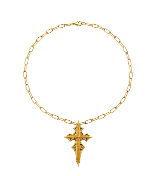 Gold With Ruby & Emerald Cross Necklace
