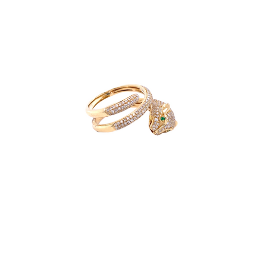 Diamond & Gold Leopard With Emerald Eye Ring