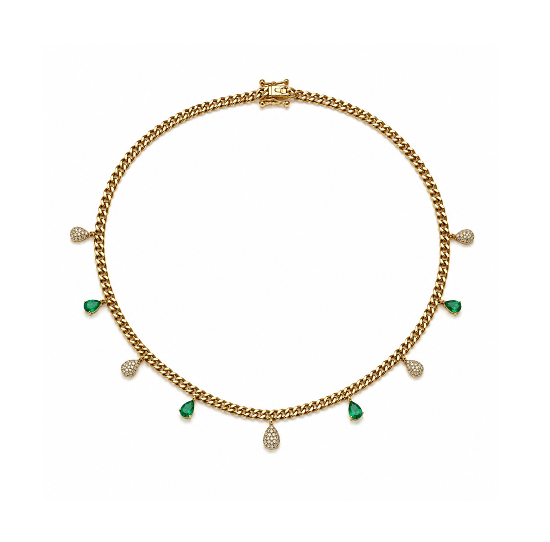 Diamond & Emerald Gold Station Chain Necklace