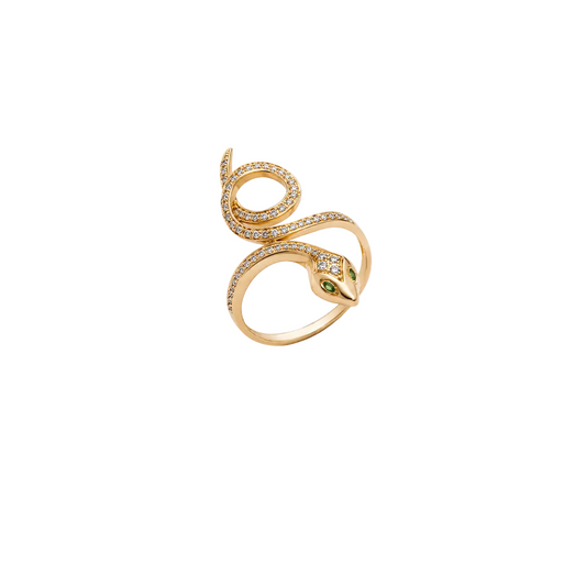 Diamond With Emerald Eyes Snake Ring