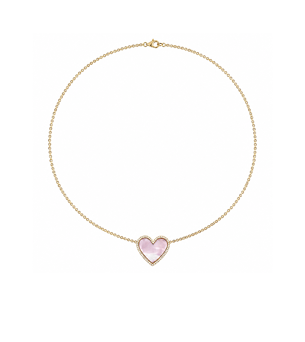 Pink Pearl, Diamond & Gold Heart Necklace