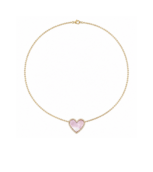 Pink Pearl, Diamond & Gold Heart Necklace