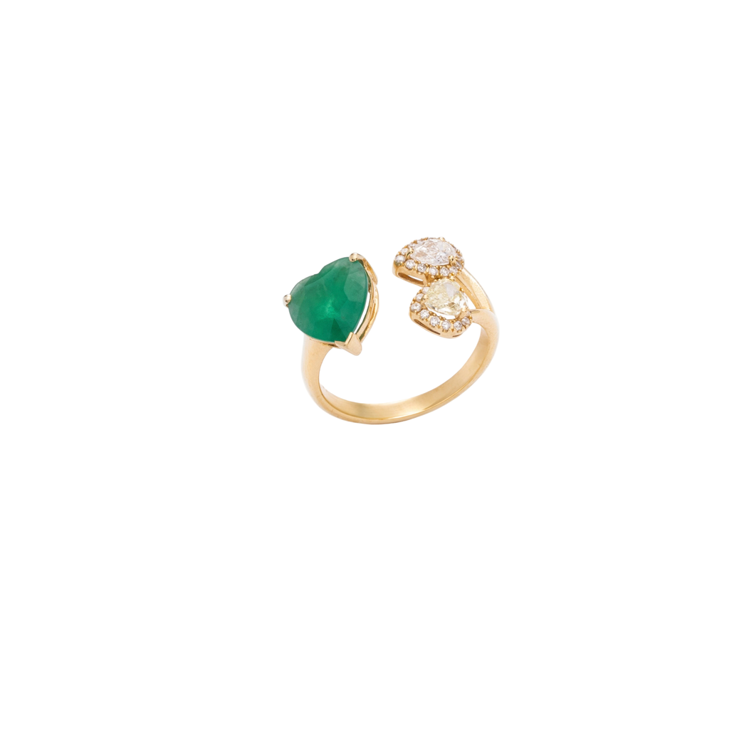 Emerald Heart & Double Diamond Teardrop & Gold Ring