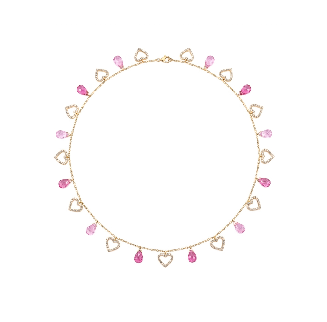 Pink Tourmaline, Diamond & Gold Heart Necklace
