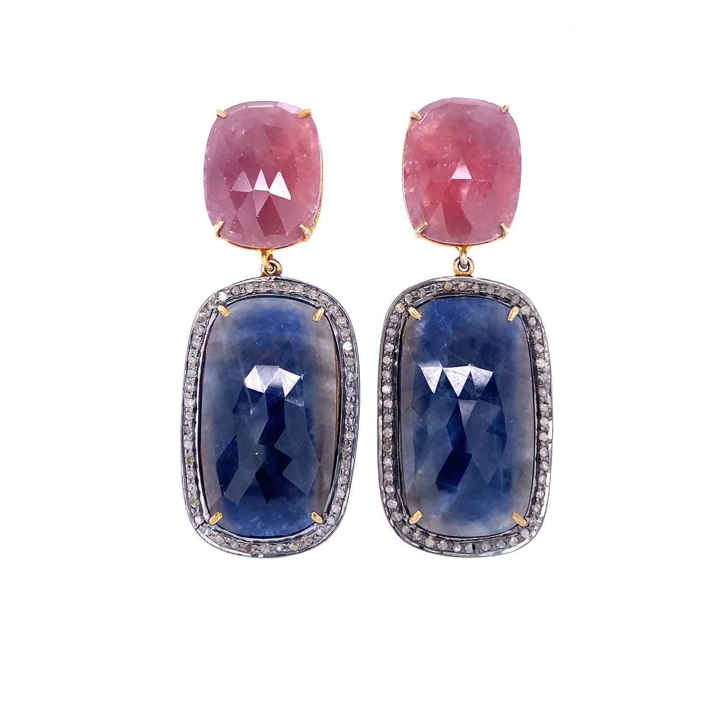 Red and Blue Sapphire and Diamond Slice Double Drop Pierced Earrings Yellow Gold