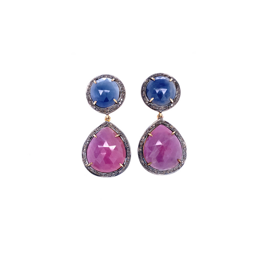 Double Drop Stone Earrings Blue and Red Sapphire Diamond Slice