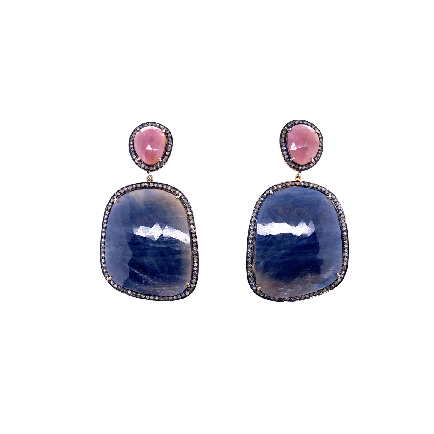 Large Ruby and Blue Sapphire Earrings Diamond Slice Drop
