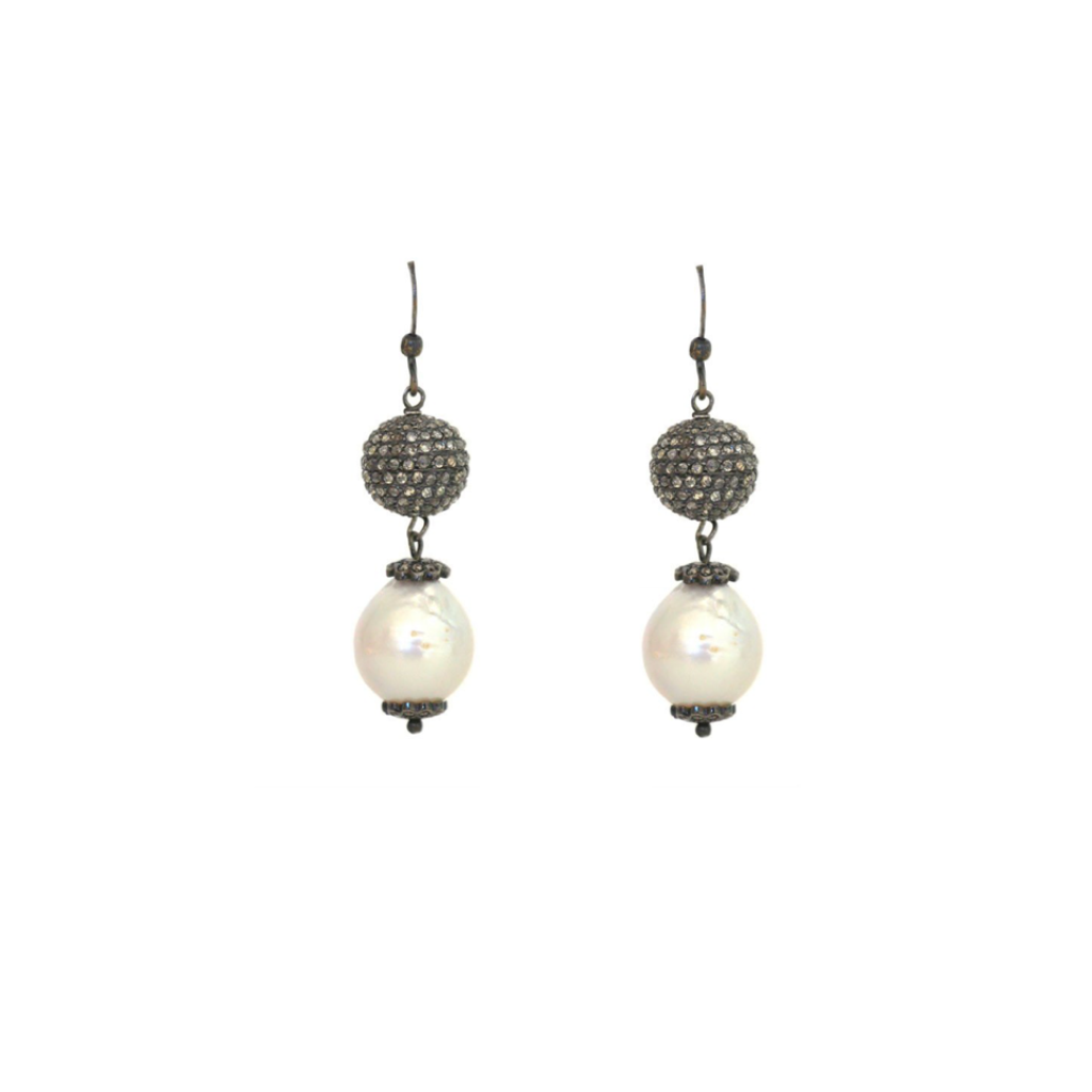 Pearl and Pave Ball Drop Earrings Champagne Diamonds